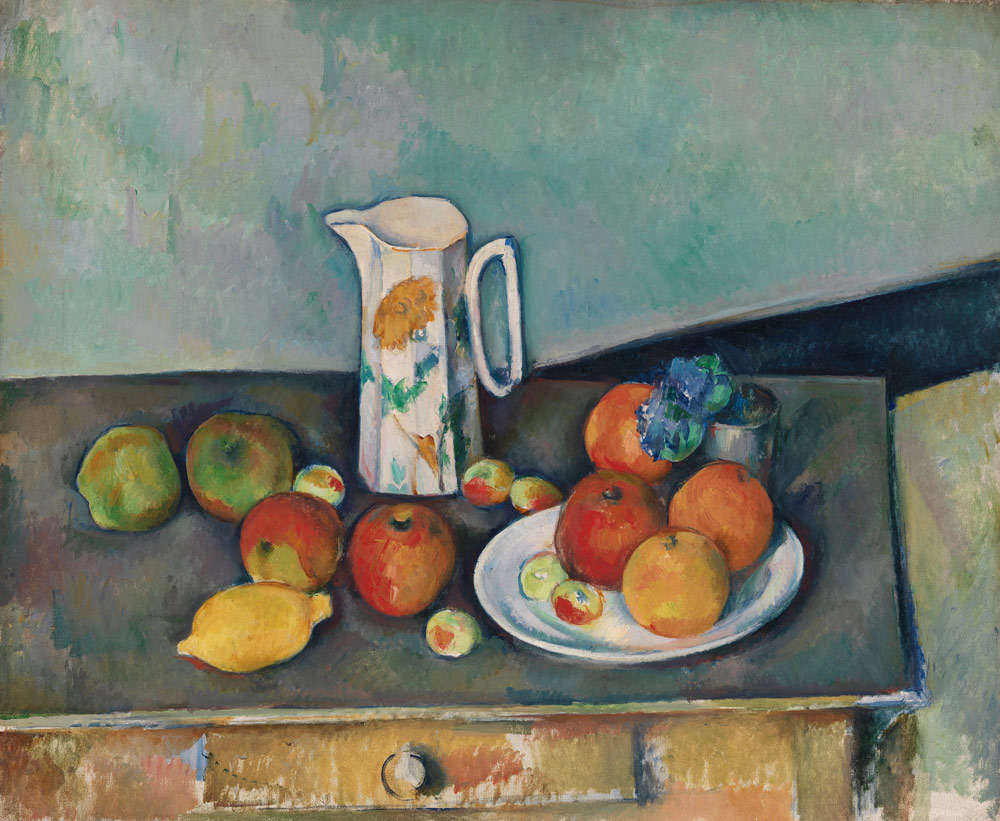 Still life with milkjug and fruit von Paul Cézanne
