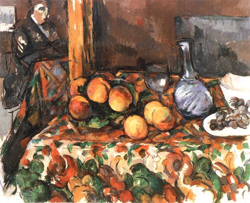 Stilleben mit Pfirsichen, Karaffe und Figur von Paul Cézanne