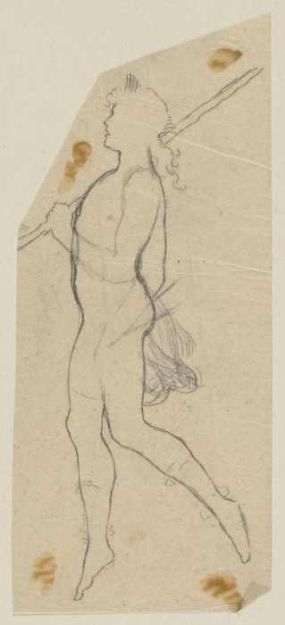 Oberon, in der linken Hand die Lanze haltend, nackt und schwebend, nach links von Paul Konewka