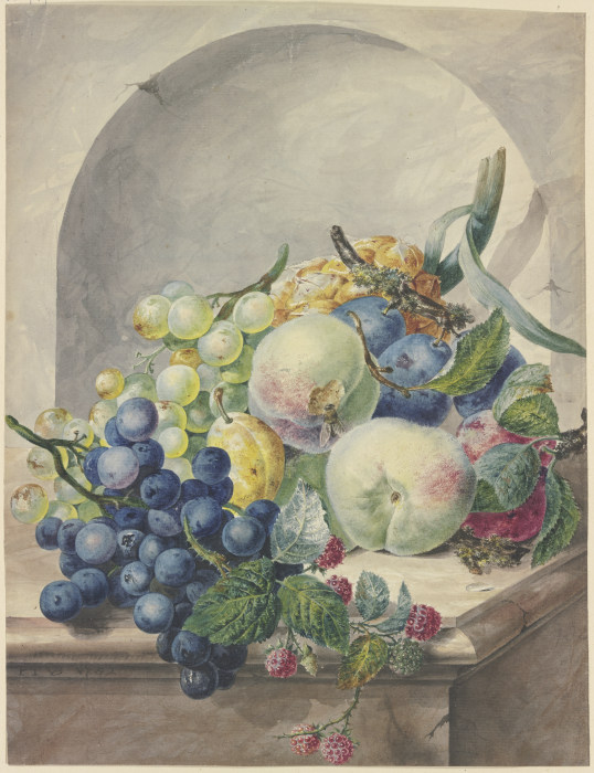 Fruchtstück in einer Nische auf einem Marmortische, Pflaumen, Pfirsiche, Trauben und Brombeeren von Paul Theodor van Brussel