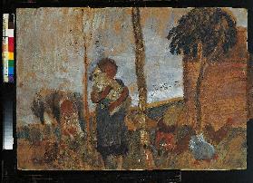 Kinder und Hühner vor Landschaft Um 1902
