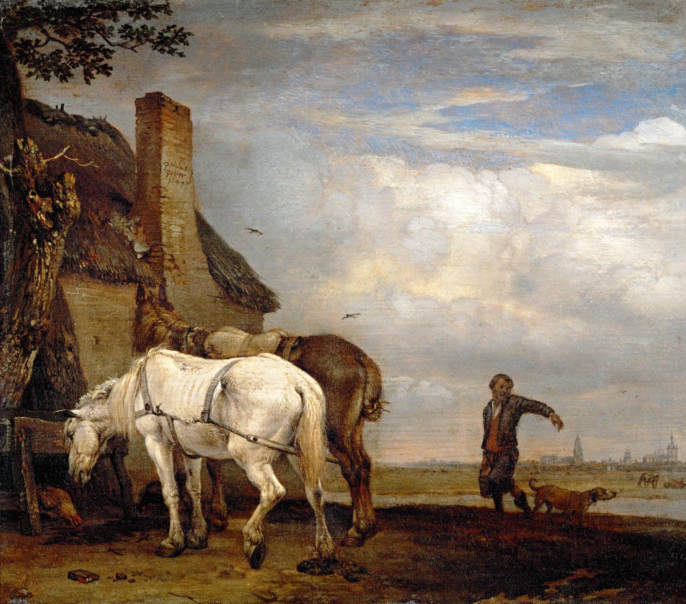 Zwei Pferde vor einer Bauernhütte. von Paulus Potter