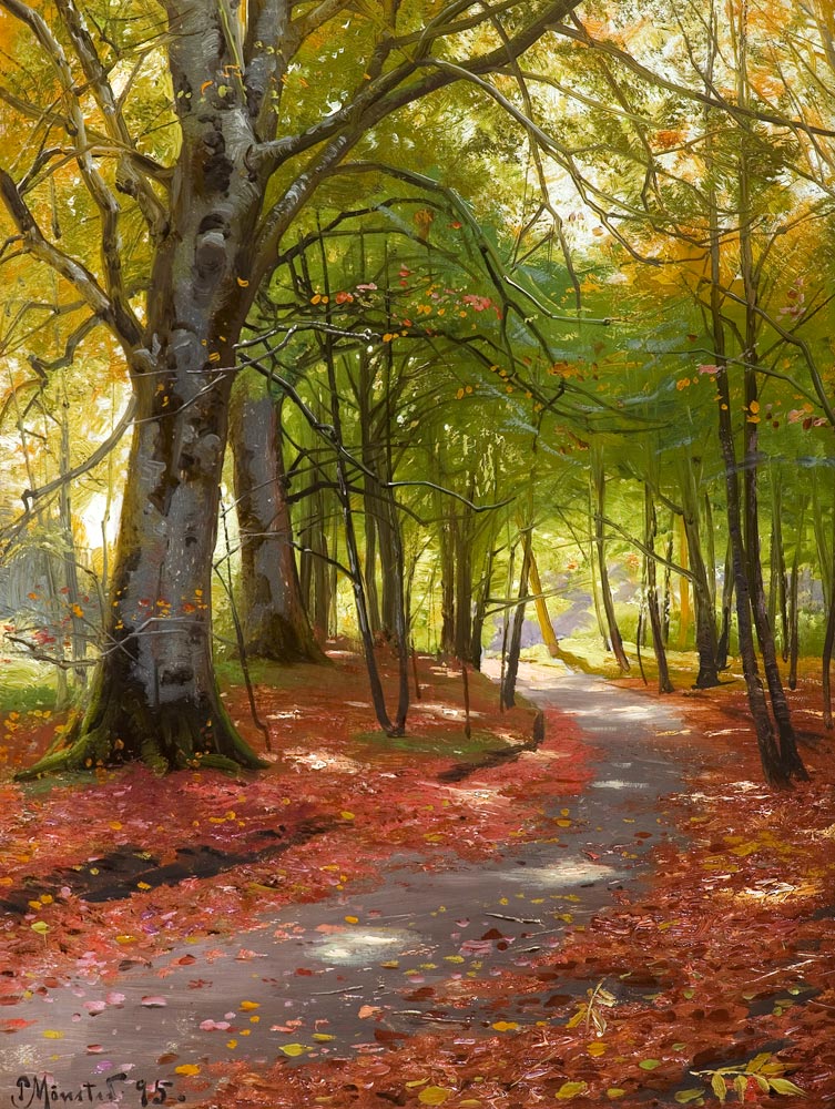 Sonniger Herbsttag im Wald von Peder Mørk Mønsted