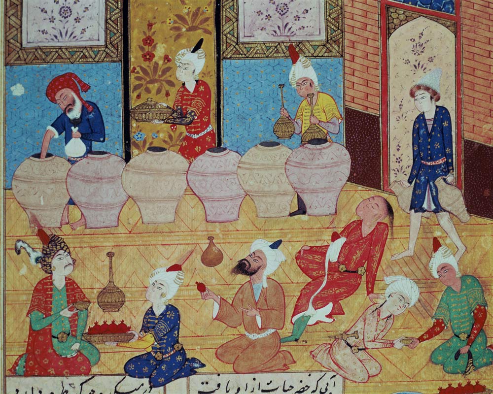 Fol.33v, Detail of a banquet with musicians, from a book of poems Hafiz