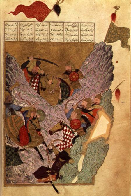 Genghis Khan (c.1162-1227) fighting the Chinese in the mountains, a scene from Ahmad Tabrizi's 'Shah von Persian School