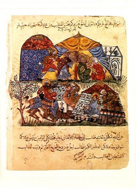 An old man and a young man in front of the tents of the rich pilgrims, from 'The Maqamat' (The Meeti von Persian School