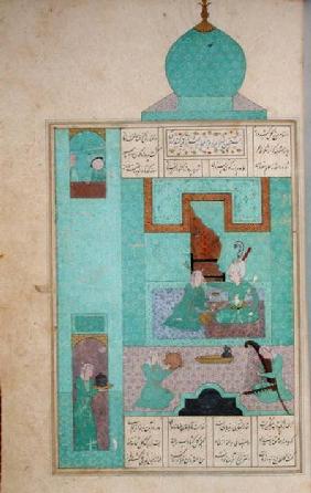 Ms D-212 fol.216a Bahram Visits a Princess in the Turquoise Pavilion, illustration to 'The Seven Pri c.1550