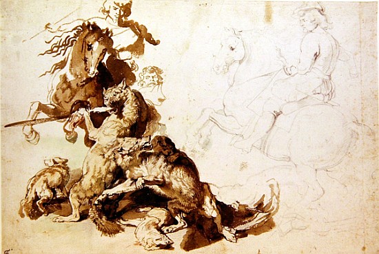 Sketch for a Wolf Hunt (pencil with w/c on paper) von Peter Paul Rubens