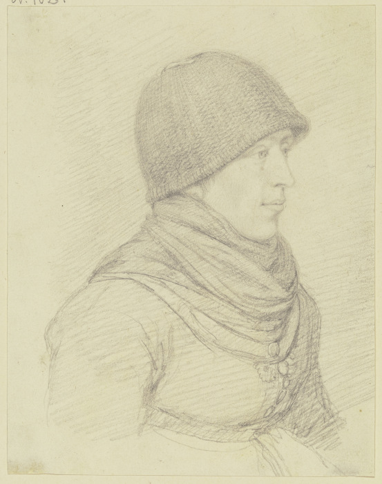 Porträt einer Bäuerin mit Wollmütze im Profil nach rechts von Peter von Hess