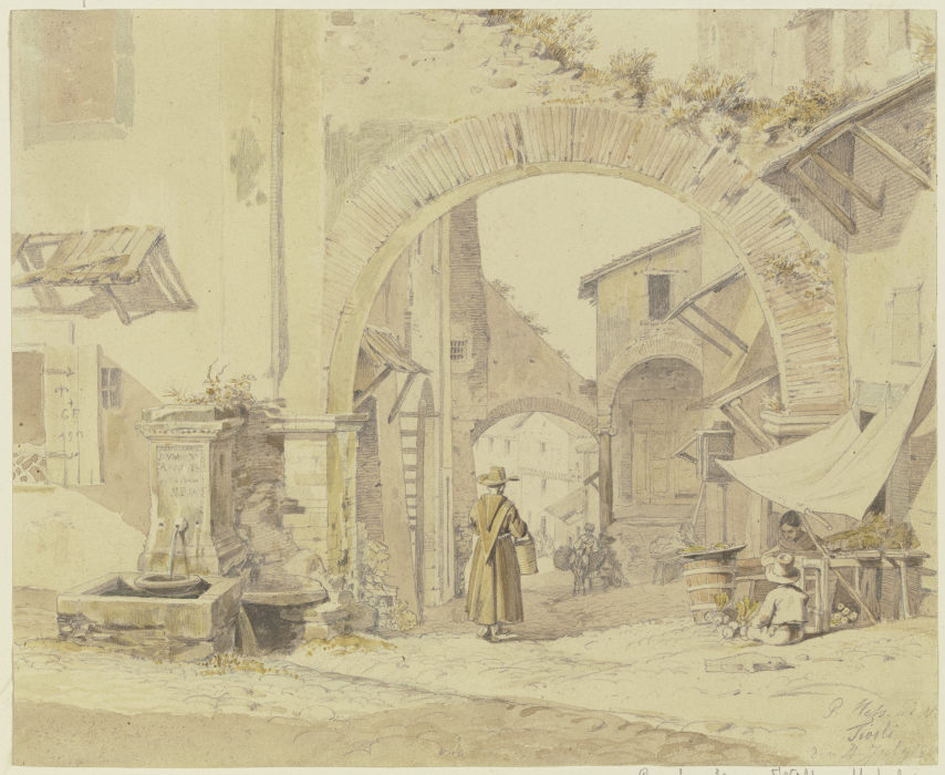 Straße in einem italienischen Städtchen (Tivoli), links ein Brunnen, rechts eine Gemüsehändlerin von Peter von Hess
