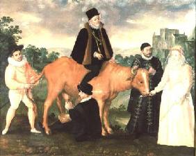 Portrait of Philip II (mounted on a cow), the Duke of Alencon, the Duke of Alba, William of Orange a