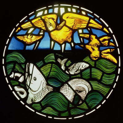 Birds and Fishes, detail from the Creation Window, 1861 (stained glass) (see 120153) von Philip Webb