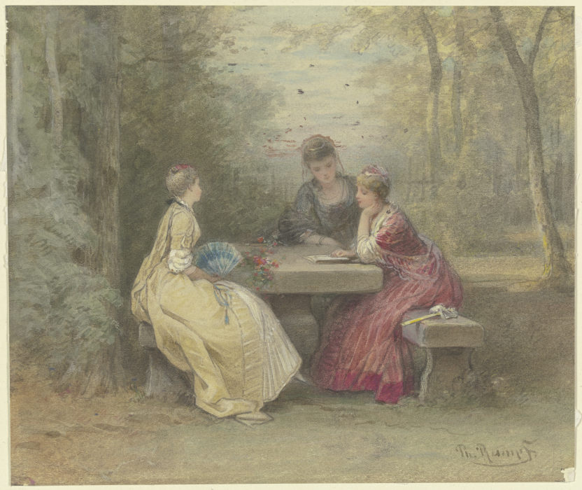Vorlesung im Park, drei junge Damen in Watteauschem Kostüm um einen Steintisch sitzend (Laube am San von Philipp Rumpf