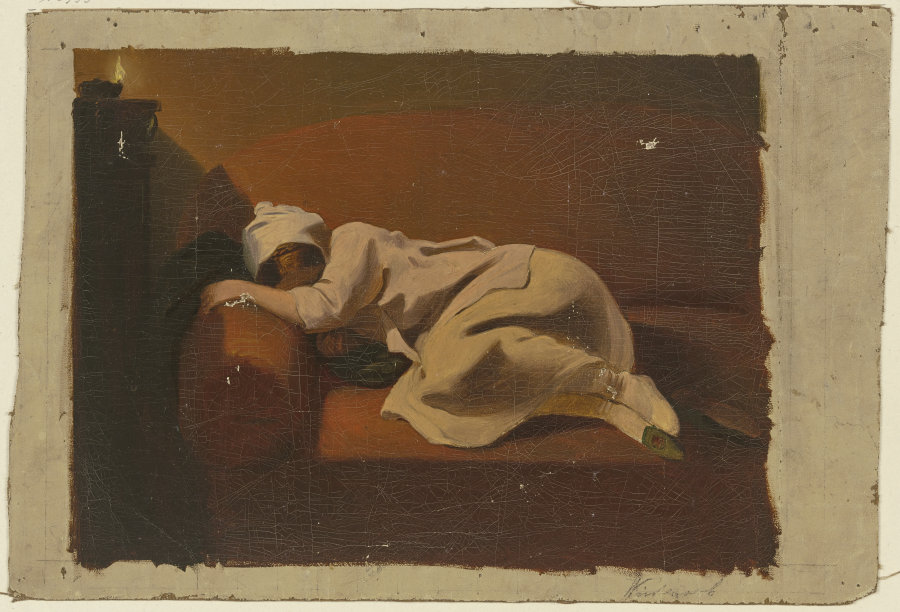 Schlafende Frau auf rotem Sofa von Philipp Winterwerb