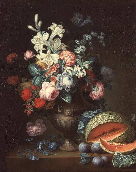 Still life of flowers in a classical vase with a cut melon, 1768 (one of a pair von Philippe Parpette
