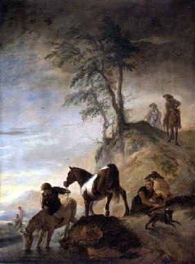 Riders watering their horses (panel)