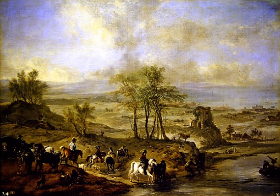 Departing for the hunt and fishing in the river von Philips Wouwermans or Wouwerman