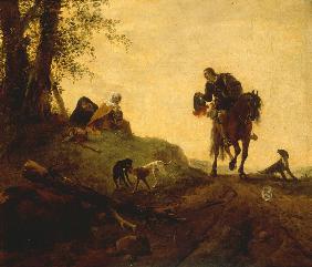 Landschaft mit einem Reiter, der zwei am Wegrand sitzende F