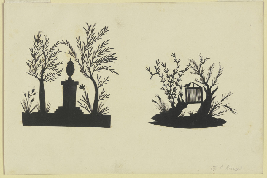 Altar mit antiker Vase und Vogelkäfig zwischen zwei Baumstümpfen von Phillip Otto Runge