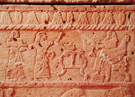 Relief depicting servants paying homage to the king, detail of the Sarcophagus of Ahiram, King of By von Phoenician