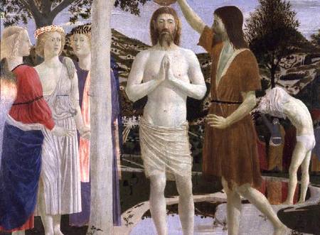 Baptism of Christ, detail of Christ, John the Baptist and angels von Piero della Francesca