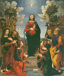 Mariae unbefleckte Empfängnis  umgeben von sechs Heiligen  1485/1490