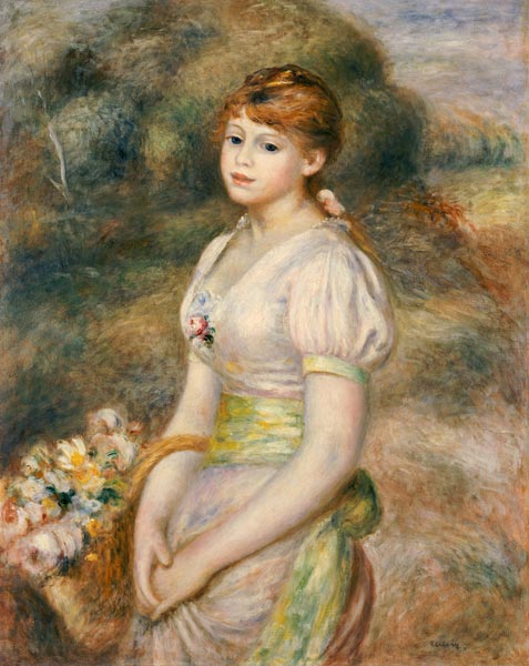 Young Girl With A Basket Of Flowers von Pierre-Auguste Renoir