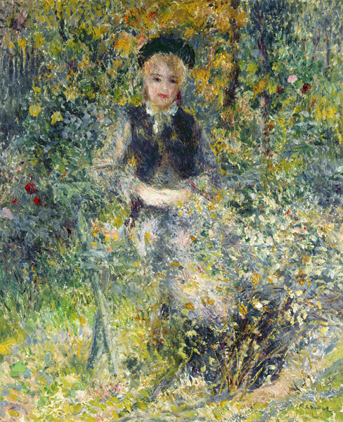 Junges Mädchen auf einer Gartenbank. von Pierre-Auguste Renoir