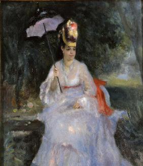 Frau mit Sonnenschirm in einem Garten 1872