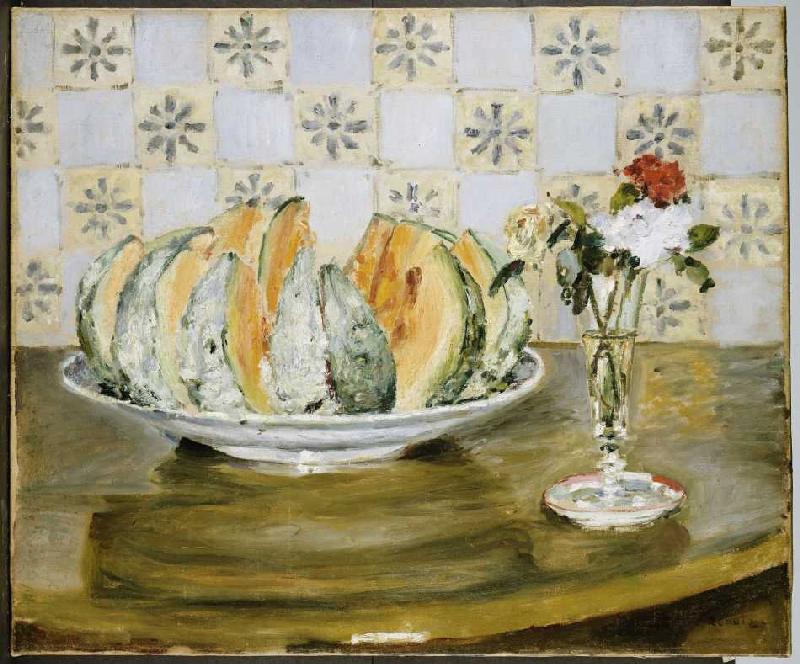 Stillleben mit Melone und einer Vase mit Blumen von Pierre-Auguste Renoir