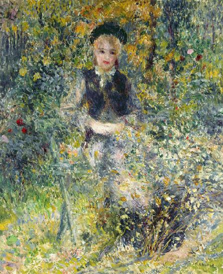 Junges Mädchen auf einer Gartenbank. 1875