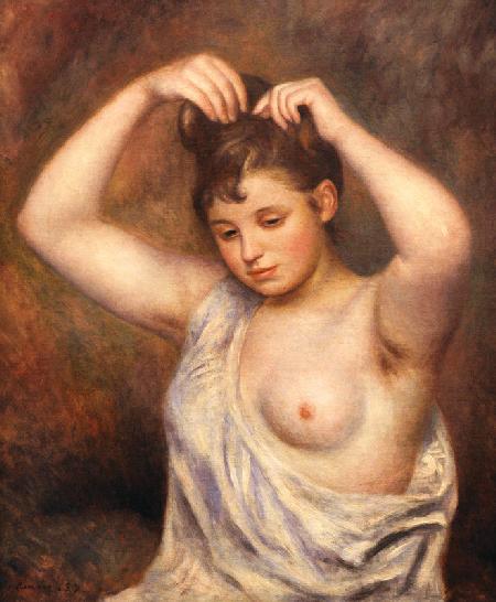 Frau, sich die Haare richtend 1887