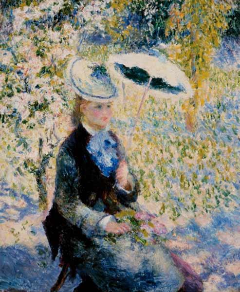 Frau mit Sonnenschirm zwischen Blüten