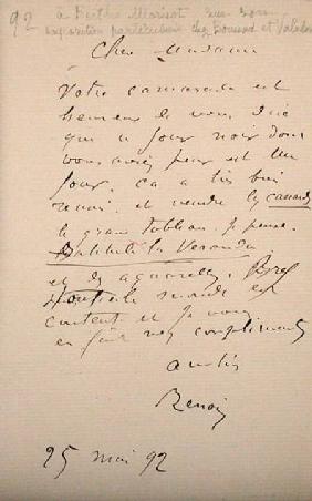 Letter from Renoir to Berthe Morisot (1841-95) regarding her first exhibition 25th May 1