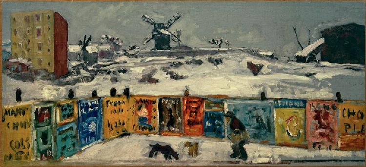 Bauzaun, mit Plakaten beklebt, und die alten Mühlen am Montmartre im Schnee von Pierre Bonnard