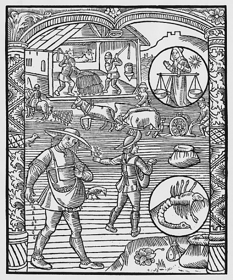 October, sowing, ploughing and threshing, Libra, illustration from the ''Almanach des Bergers'', 149 von Pierre Le Rouge