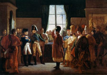 Alexander I. präsentiert Napoleon Kalmücken, Kosaken und Baschkiren der russischen Armee in Tilsit,  1810