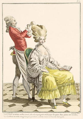 A Young Woman in a Peignoir with her Hairdresser, plate 31 from 'Galerie des Modes et Costumes Franc von Pierre Thomas Le Clerc