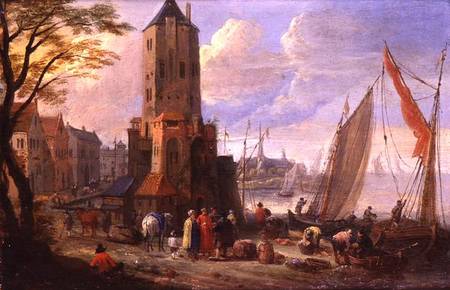 Figures and Boats in a Dutch Port von Pieter Bouts
