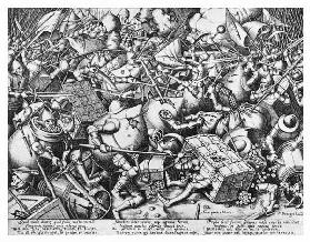 Kampf der Sparkassen gegen die Geldsäcke  (Repro nach Zeichnung von Pieter Bruegel d. Ä) 1560
