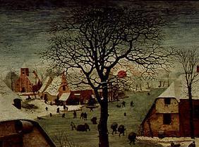Die Volkszählung zu Bethlehem. Detail links oben (Baumkrone und rote Sonne) 1566