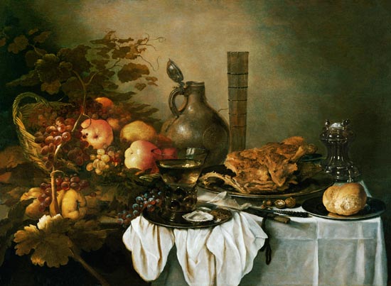 A Still Life With A Roemer, Oysters, A Roll And Meat On Pewter Plates, Fruit In And Around A Basket, von Pieter Claesz