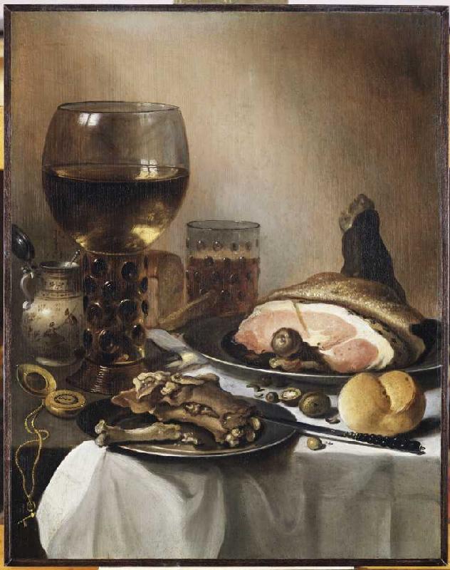 Stillleben mit einem Römer, Schinken, Fleisch und einer goldenen Taschenuhr von Pieter Claesz