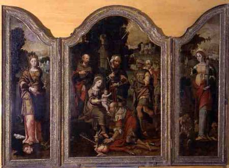 Triptych depicting the Adoration of the Magi and two saints von Pieter Coecke van Aelst