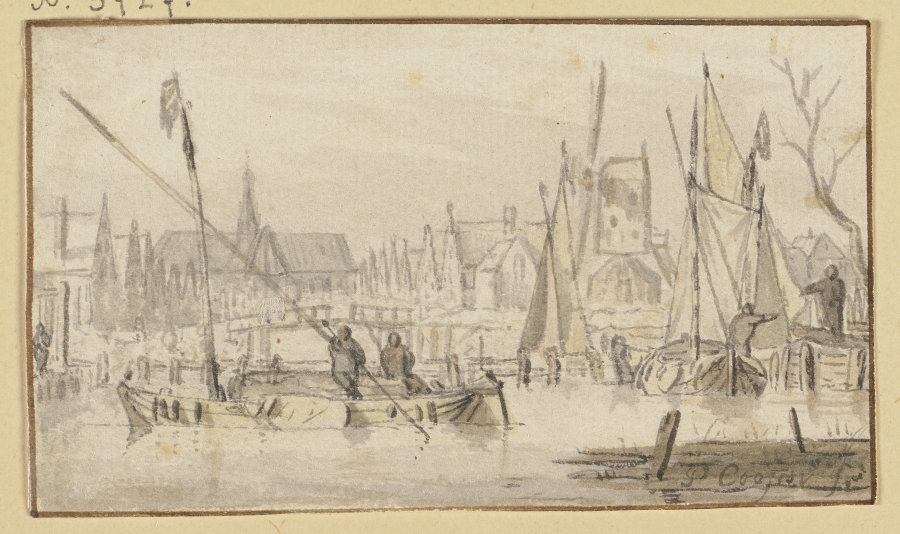 Kanal bei einer Stadt mit Schiffen belebt von Pieter Coopse
