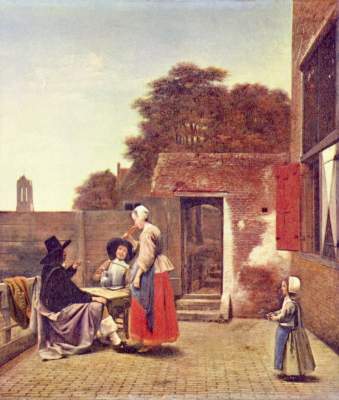 Hof mit zwei Offizieren und trinkender Frau von Pieter de Hooch