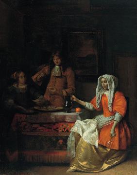 Interieur mit einer trinkenden Gesellschaft beim Austernmahl 1681