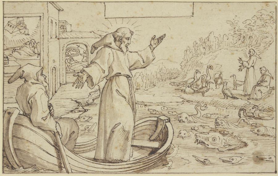 Der Heilige Franziskus predigt den Tieren, unterdessen träumt Papst Innozenz III. von der Rettung de von Pieter de Jode I