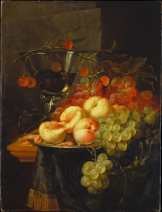 Stillleben mit Früchten und einem Kirschzweig über einem Berkemeyer von Pieter de Ring