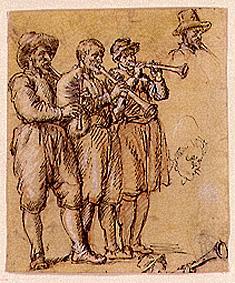 Drei Musikanten mit Dudelsack und Schalmeien von Pieter de Witte